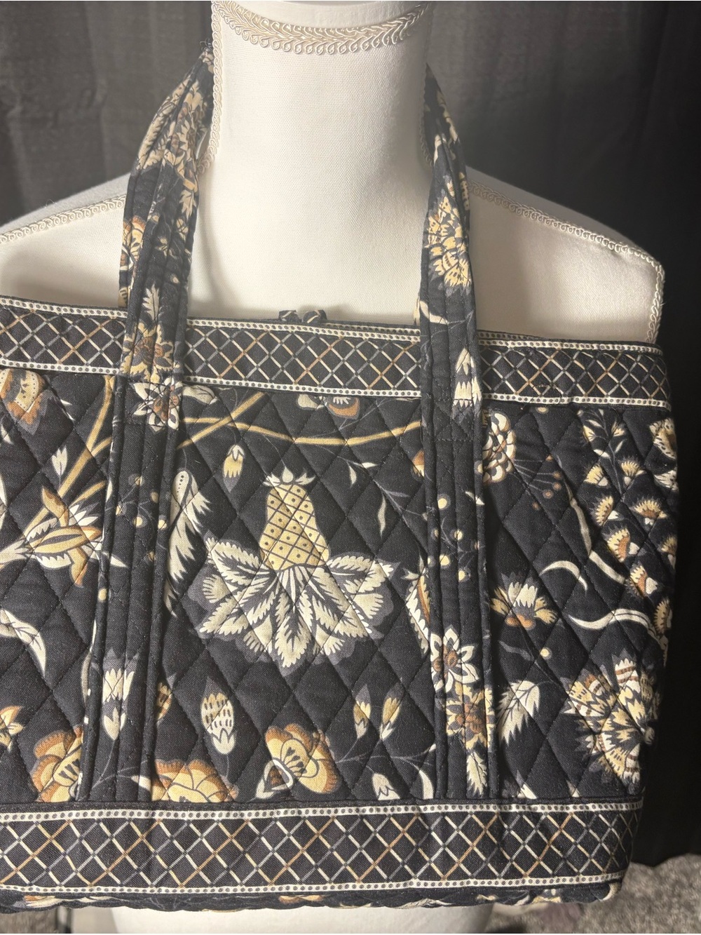 Vera Bradley Quilted Floral Tote in Black and Cream